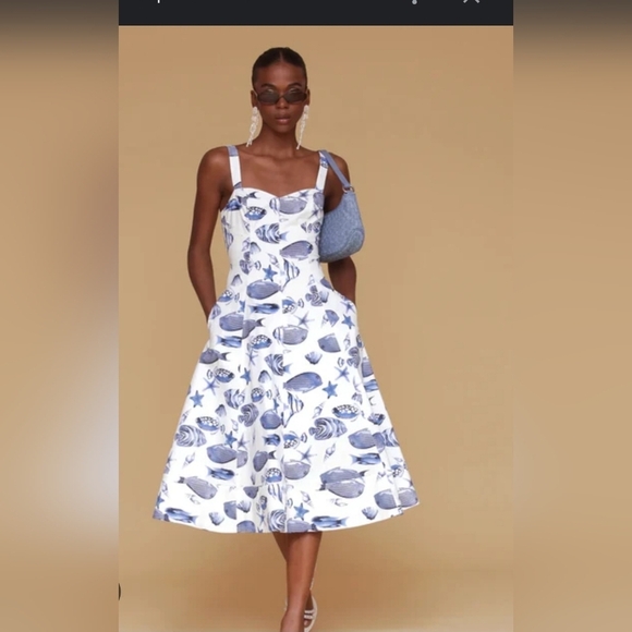 🔹️Avec Les Filles🔹️ Blue Marina Fish  Printed Midi  Dress Size 14 - Picture 2 of 6